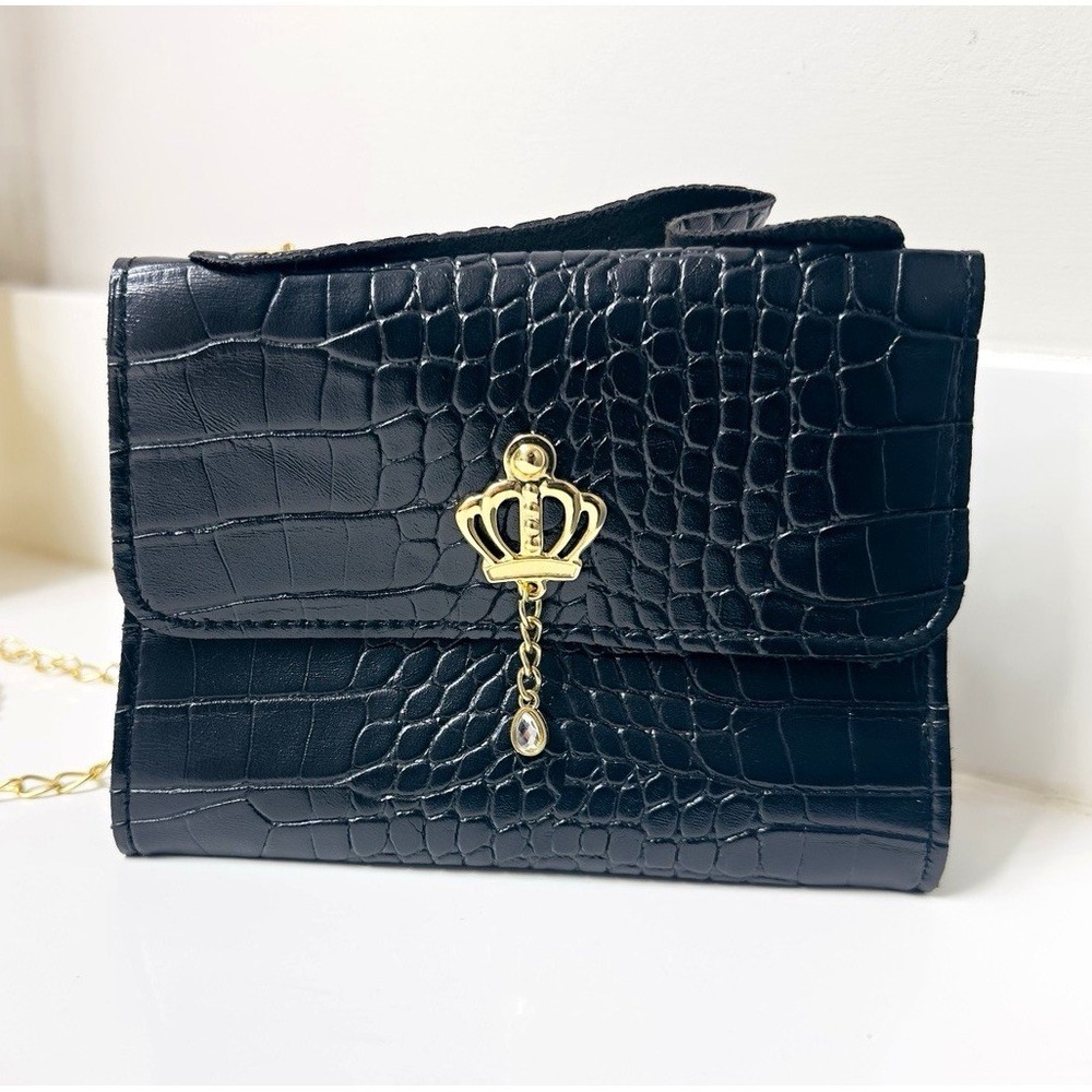 Black Crocodile Pattern Small Mini Purse Bag Gold Chain Strap Crown Crossbody